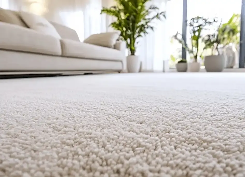 Clean white carpet and sofa in a bright living room cleaned by Leo Floor Care & Restoration
